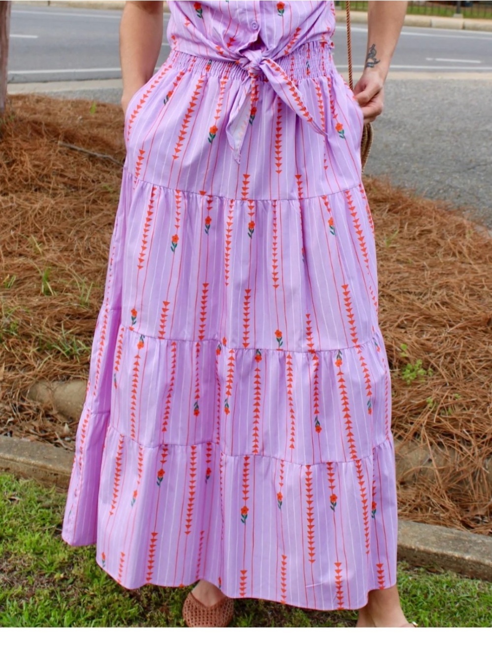Adrienne Lilac Tiered Midi Skirt with Orange Floral Accents